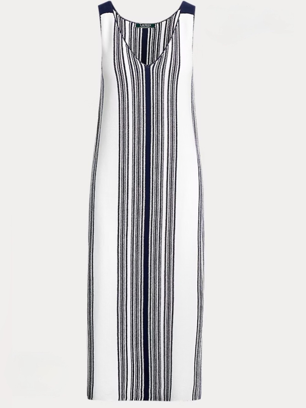 Ralph Lauren Striped Linen-Blend Midi Dress in White & Navy; EUC, Sz.XL